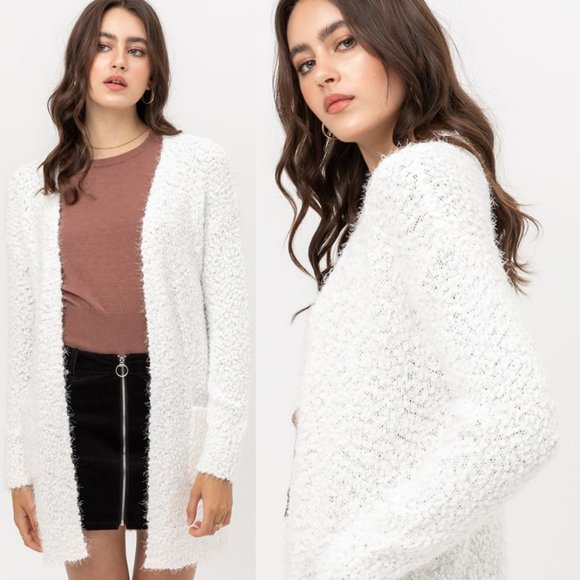White Eyelash Popcorn Knit Long Cardigan Pockets - Picture 5 of 12
